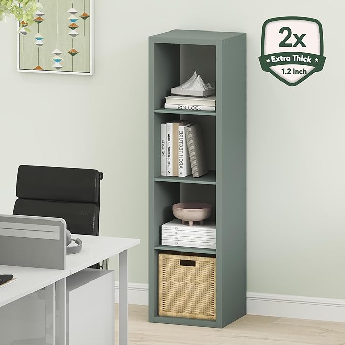 Furinno Cubicle Book Shelf, Vertical 4-Cube Bookshelf, Extra Thick Horizontally & Vertically Reversible Bookcase with Open Back, 14.6" x 16" x 58", for Living Room, Bedroom, Home Office, Sage Green