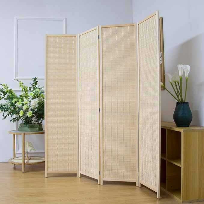 4 Panel Bamboo Room Divider Screen,5.6 FT Tall Bamboo Divider Folding Privacy Screen,Freestanding Panel Divider for Room Seperation,Beige