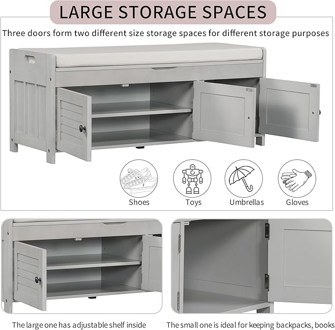 SOFTSEA Storage Bench with 3 Shutter-Shaped Doors, Entryway Shoe Bench with Removable Cushion and Hidden Storage, Wooden Storage Ottoman for Entryway, Living Room, Bedroom, Grey