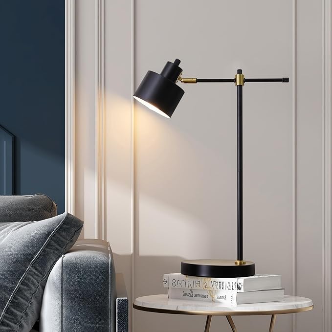 OYEARS 22.2" Modern Desk Lamp, Metal Table Lamp with LED Bulb, Adjustable Reading Lamps for Living Room, Mid Century Task Lamp for Home Office, Industrial Bedside Lamps with Solid Base,Black