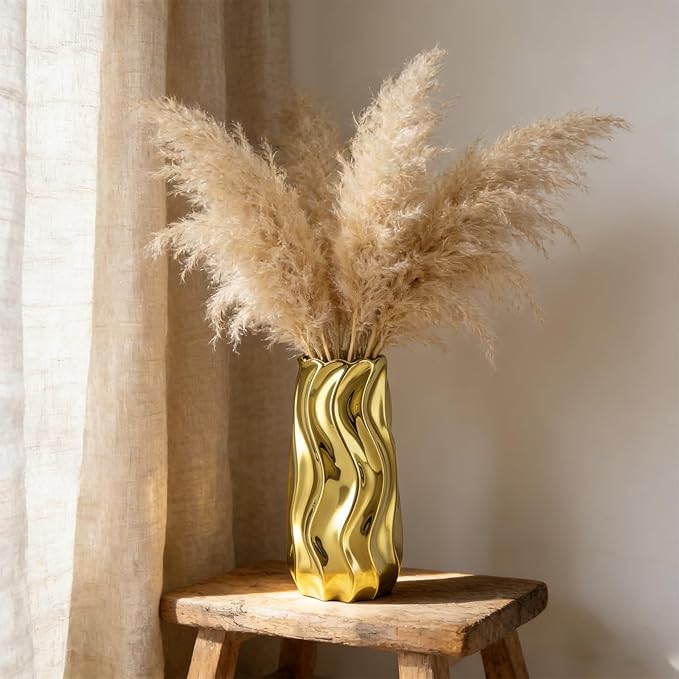 11.5" Gold Ceramic Vase - Minimalist Gold Flower Vase, Large Pampas Grass Vase, Boho Decorative Centerpiece Vase for Home Decor, Wedding, Housewarming, Table, Shelf, Mantel, and Entryway