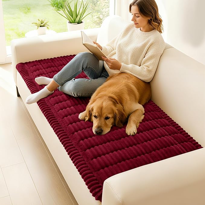 hyha Couch Cover for Dogs Washable, Non Slip Thick Flannel Sofa Protector, Pet Friendly Plush Furniture Cover for Sectional Sofa & Loveseat (Red, 27.6" x 82.7")