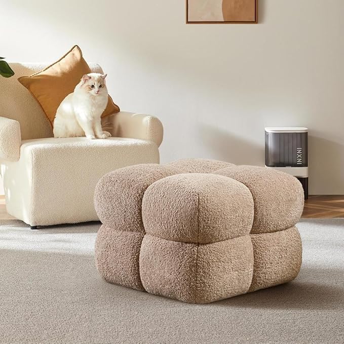 Square Ottoman Stool, Boucle Ottoman Coffee Table with with Full Coverage, Modern Vanity Stool, Upholstered Tufted Foot Rest Pouf for Bedroom, Living Room, Entryway, Tan