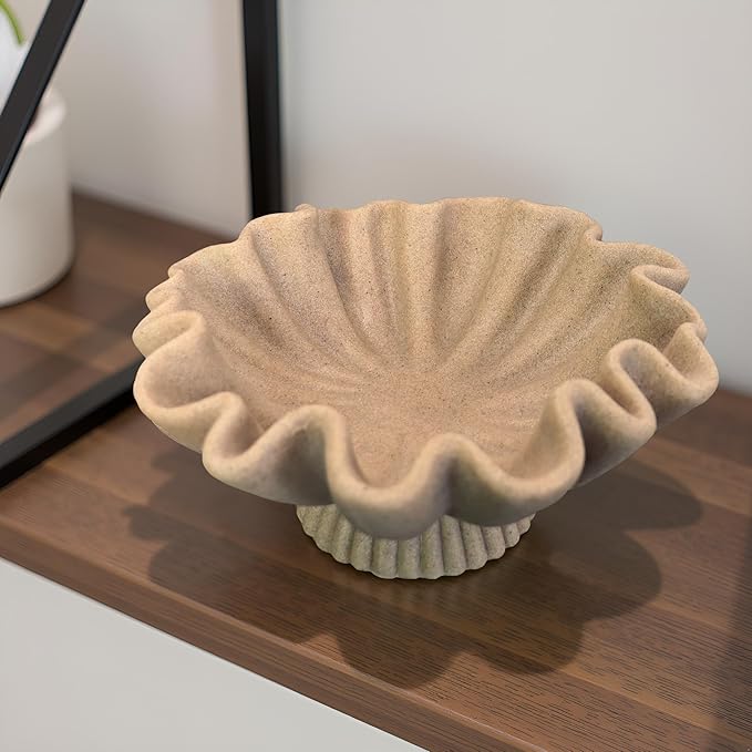 10" Large Handmade Decorative Bowl decor , Handicraft Scalloped Bowls for Modern Home Decor,Ruffle Decor,Key Bowl for Entry Table,Decorative Fruit Bowl for Kitchen Counter,Artificial Stone Beige