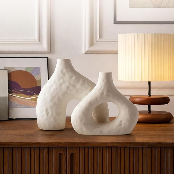 DOWAN Ceramic Vase Set of 2, 7.6" Decorative Pampas Vase for Home Decor, Modern Farmhouse Pottery Vase for Living Room Coffee Table Kitchen Bedroom Desk Entryway Mantel Book Shelf, Soft White