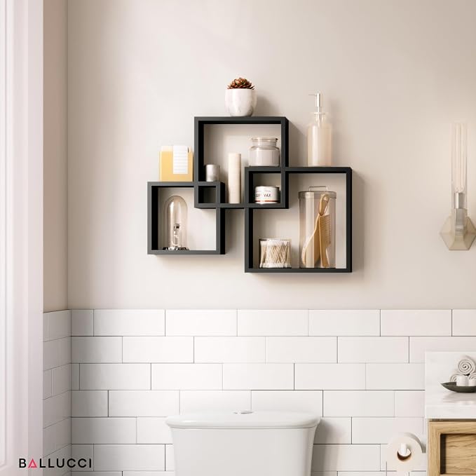 Ballucci Modern Interlocking Cube Floating Shelves, Wall Mount Wood Square Shelves for Living Room, Bedroom, Bathroom, Easy to Install Wall Decor Box Shelves, Black