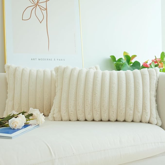 JOJUSIS Pack of 2 Faux Fur Plush Decorative Throw Pillow Covers Couch Cushion Case Soft Pillowcases (Beige, 12 x 20-Inch)