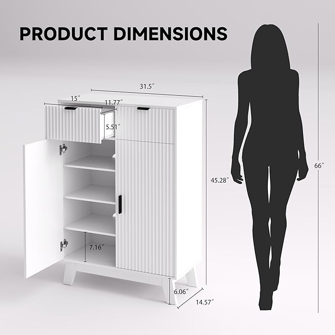 Fluted Shoe Cabinet, 4-Tier Mid Century Modern Narrow Shoe Storage Cabinet with Doors & 2 Drawers, Adjustable Shelves, Freestanding Hidden Shoe Rack Organizer & Wooden Legs for Entryway