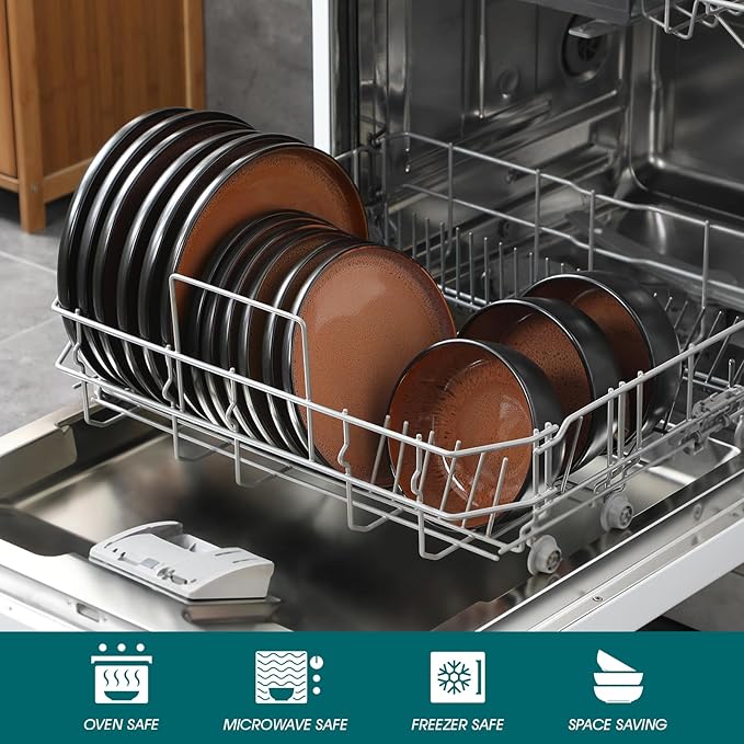 vancasso Plates and Bowls Sets, 24 Pieces Stoneware Dinnerware Sets for 8, Kitchen Dish Set Mircowave and Dishwasher Safe Ceramic Dishware, Dark Brown, Series AMBER