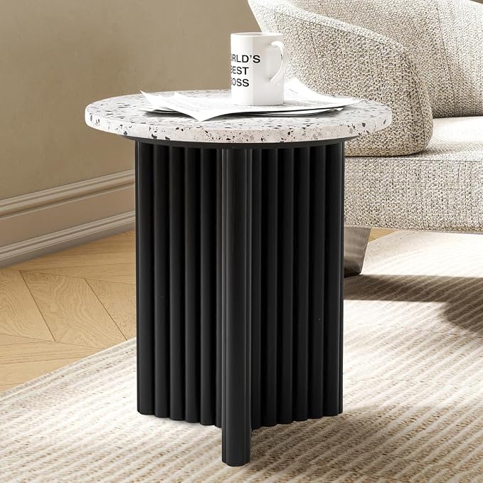 Modern Fluted Side Table, Stone End Table with Terrazzo Top & Black Fluted Ash Wood Base, 18.1" Accent Table for Living Room, Bedroom or Couch Side