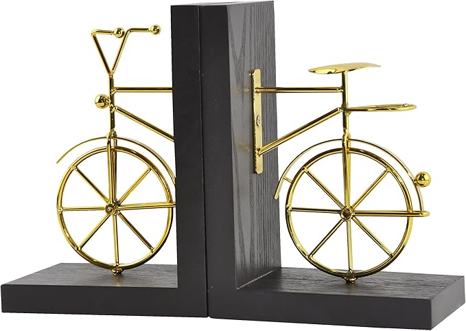 Bicycle Bookend Supports, Decorative Book Stoppers with Non-Skid Bottom, Handcrafted Distressed Wood & Metal Book Stand, Display for Bookshelf Office Desktop, 1-Pair, Golden & Brown