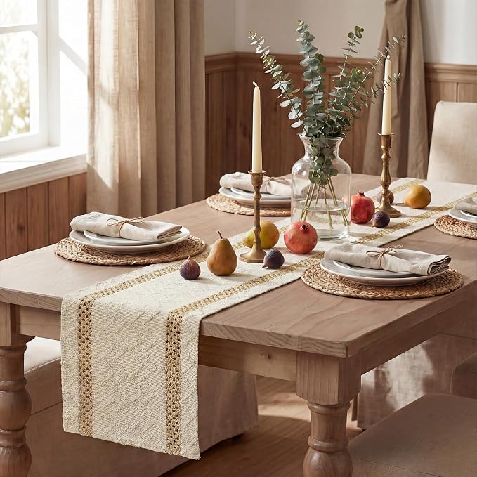 Artoid Mode Burlap Brown Stripe Woven Table Runner, Seasonal Holiday Hollow Kitchen Dining Table Decoration for Home Party Decor 12x60 Inch