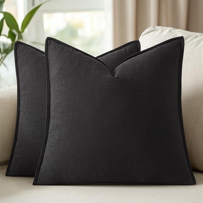 20x20 Inch Set of 2 Decorative Linen Solid Throw Pillow Covers Boho Accent Farmhouse Couch Pillowcases Modern Netural Home Decor for Couch Sofa Living Room Bed,Black
