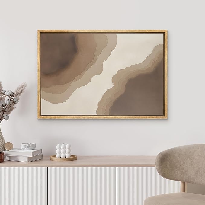 MUDECOR Framed Canvas Print Wall Art Neutral Earth Tone Abstract Flow Illustrations Minimalism Decorative Bohemian Zen for Living Room, Bedroom, Office - 24"x36" NATURAL