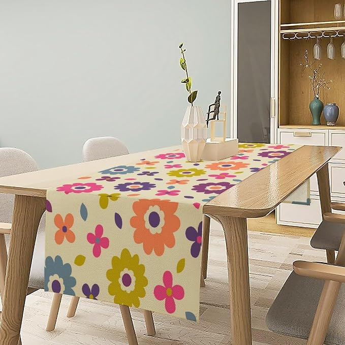 Retro Florals Table Runner Vintage Gardern Flowers Hippie Groovy Seasonal Spring Farmhouse Country Dinner Runner for Home Kitchen Dining Table Party Holiday Decor 13"x120"