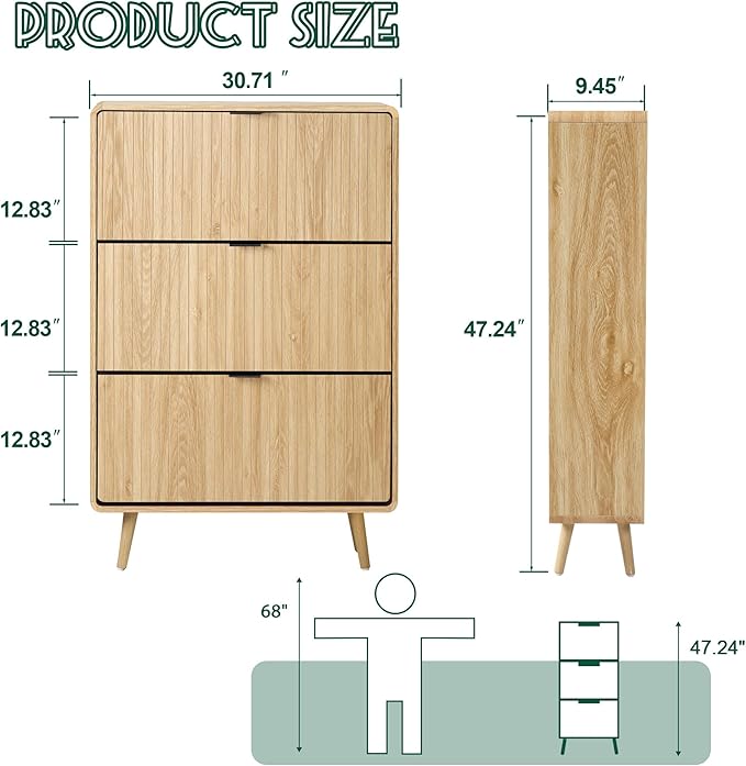 FurSch Fluted 47 Inch Tall Shoe Cabinet with 3 Flip Drawers, Narrow Hidden Shoe Storage Organizer Rack for Entryway Hallway (All Natural)