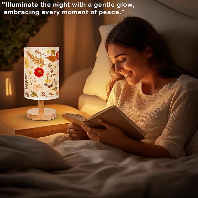 Dried Flowers Table Lamp, Vintage Floral Beside Lamp,5w Led 3-Color Cute Linen Shade Desk Lamp for Bedroom Office Nursery with Wood Base