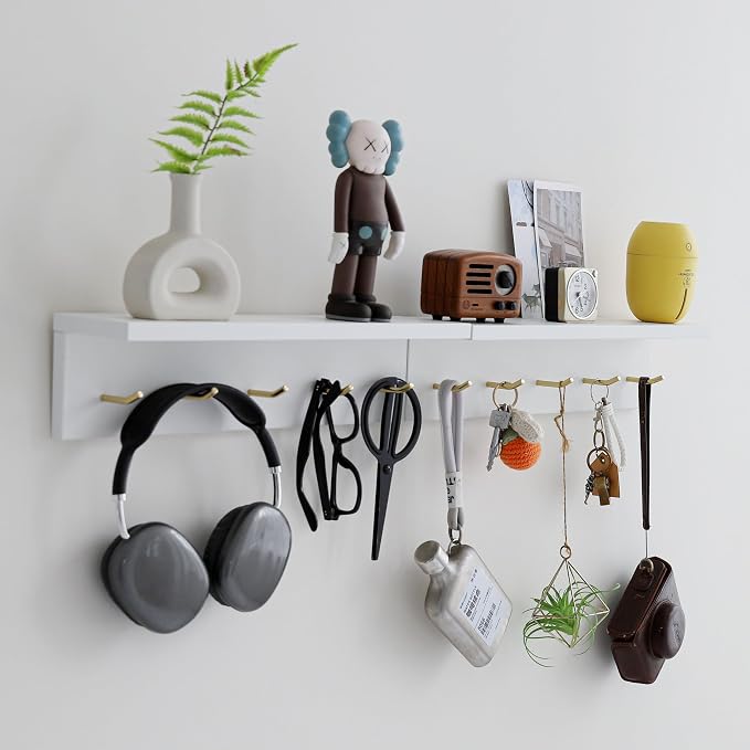 Marine Plywood Wall Mounted Coat Rack with Shelf & Key Hooks, 5 Brass Hooks Entryway Organizer, Modern Floating Shelf for Bedroom Hallway, Space-Saving Home Storage Rack (2, White)