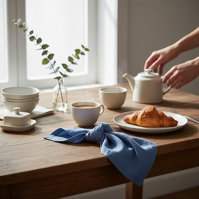 Linen Napkins –100% French Flax – Stonewashed Pure Linen Cloth Napkins - Size 18 Inch x 18 Inch – Set of 4 (Dusty Pastel Blue)