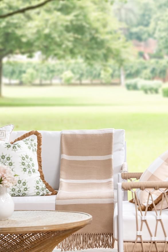 Hofdeco Premium Coastal Decorative Throw Blanket for Patio Couch Sofa, Neutral Tan White Pinstripes with Fringe, 52"x71"