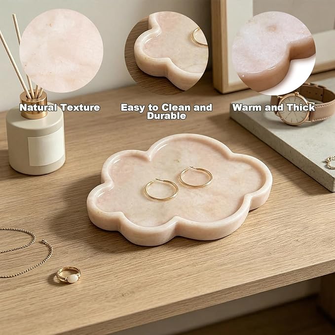 Natural Marble Tray Cloud Shape Vanity Trays, Jewelry Trays Holder Dish for Bathroom Countertop Home Decor Gift Orange Pink
