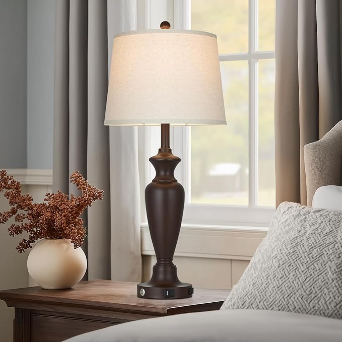 30" Tall Brown Table Lamp for Living Room, Touch Control Bedside Lamp for Bedroom Nightstand, 3-Way Dimmable Farmhouse Lamp with Charging Ports (1 Pack)