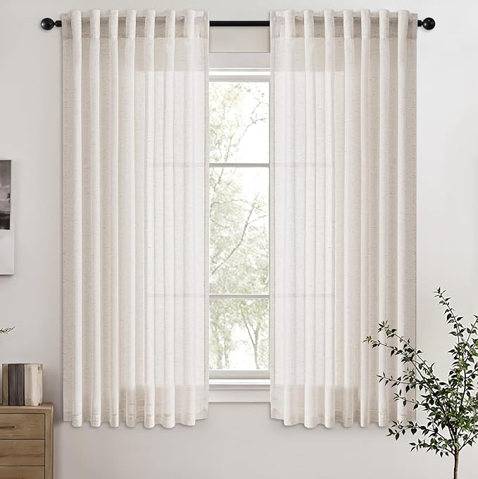 Natural White Linen Curtains 63 inch Length 2 Panel Set for Living Room Back Tab Light Filtering Semi Sheer Curtains 63 inches Long Cream Colored Soft Linen Cotton Textured Rustic Farmhouse Drapes