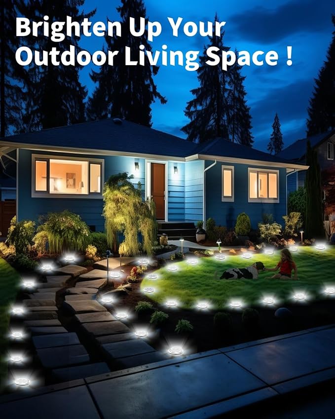 Solar Ground Lights Outdoor 12 Pack Waterproof Upgraded Flat Solar Garden Lights with 4 Side Light Stainless Steel Solar Powered Disc Light for Walkway Pathway Landscape Lawn Yard - Cool White