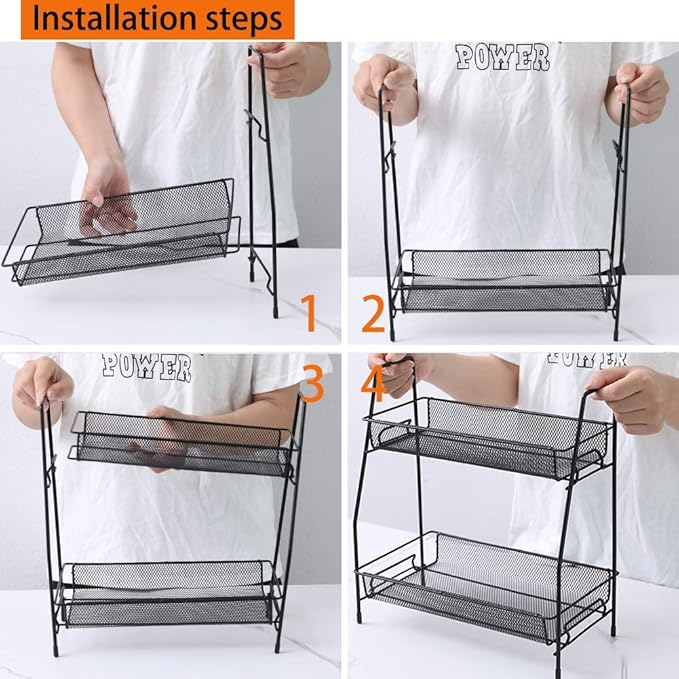 Spice Rack Organizer, 2-Tier Bathroom Shelf Organizer countertop, Kitchen Rack Organizer for Spice Can Sauce Jars Bottle (Black)