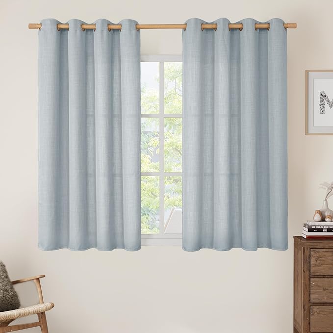 LAMIT Faux Linen Curtains for Bedroom, Light Filtering Panels, Grommet Privacy Protected Linen Sheer Curtains for Small Window/Kids' Room, Set of 2 Panels (52 x 45 Inch, Haze Blue)