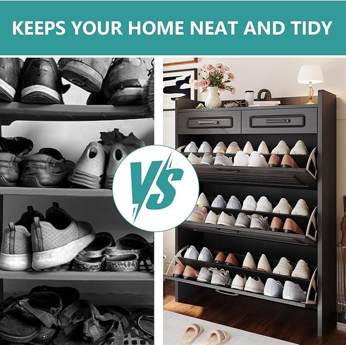 Shoe Cabinet with 3 Large Flip Drawers and 2 Storage Drawers, Narrow Shoe Organizer Cabinet Fits for Kinds of Shoes, Slim Shoe Storage Cabinet for Entryway, Hallway, Black