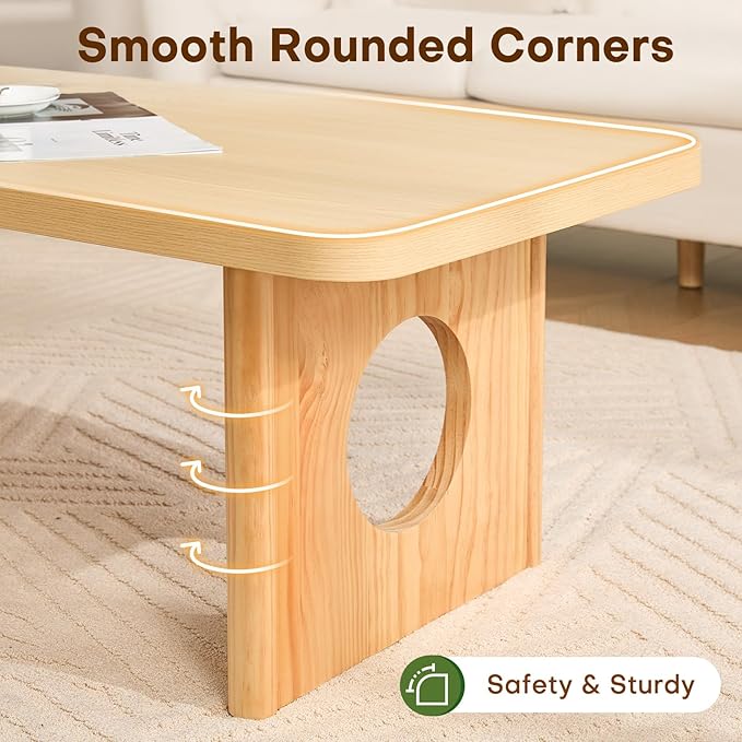 BECHAEO Modern Coffee Table, Solid Pine Wood, 47" Rectangle Center Table for Living Room, Real Wood Legs & Sturdy Base, Minimalist Rustic Coffee Table