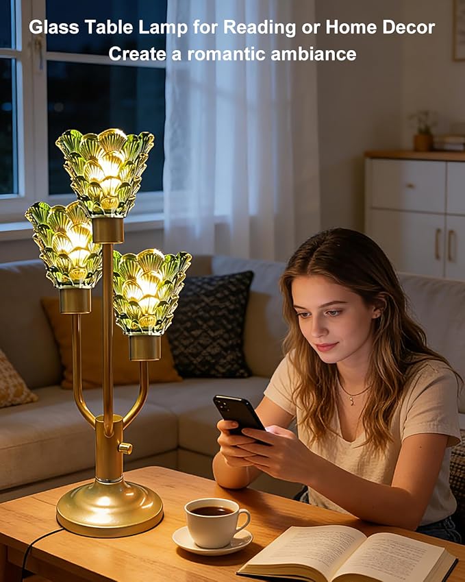 Lightdot Modern Glass Green Table Lamp for Living Room Dimmable Mid Century Gold Desk Lamp with Thickened Shell Glass 3 Bulbs Included 3000K Warmwhite Nightstand Lamp for Bedroom Bedside End Table