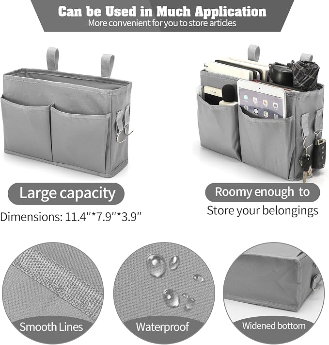 Bseash Bunk Bed Organizer, Bedside Caddy Hanging Bed Organizer Storage Bag with 4 Pockets and 2 Hooks, for College Dorm Rooms Bed, Hospital Bed, Baby Bed Rails, 600D Oxford Cloth (Gray)