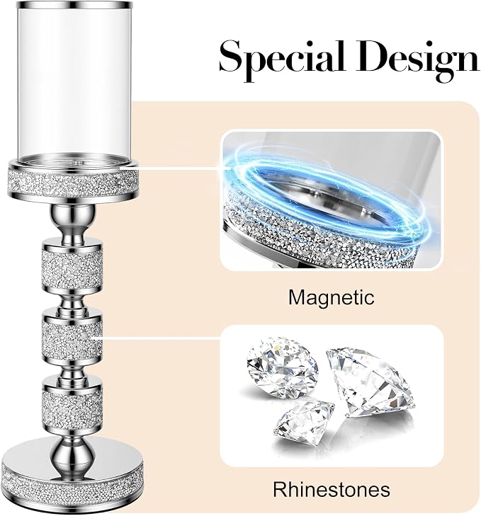 Hurricane Candle Holder, 15.9" Tall Metal Candle Stand, Glass Pillar Candle Holders, Crystal Silver Decorative Centerpieces for Table, Wedding and Dining Room (Fits Candles up to 3"x5", 2pcs, L)