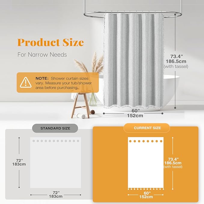 BTTN Boho Farmhouse Shower Curtain - Linen Rustic Heavy Duty Striped Fabric Shower Curtain Set with Tassel, Bohemian Vintage Country Cloth Shower Curtains for Bathroom，Grey，60" W x 72" L (Pack of 1)