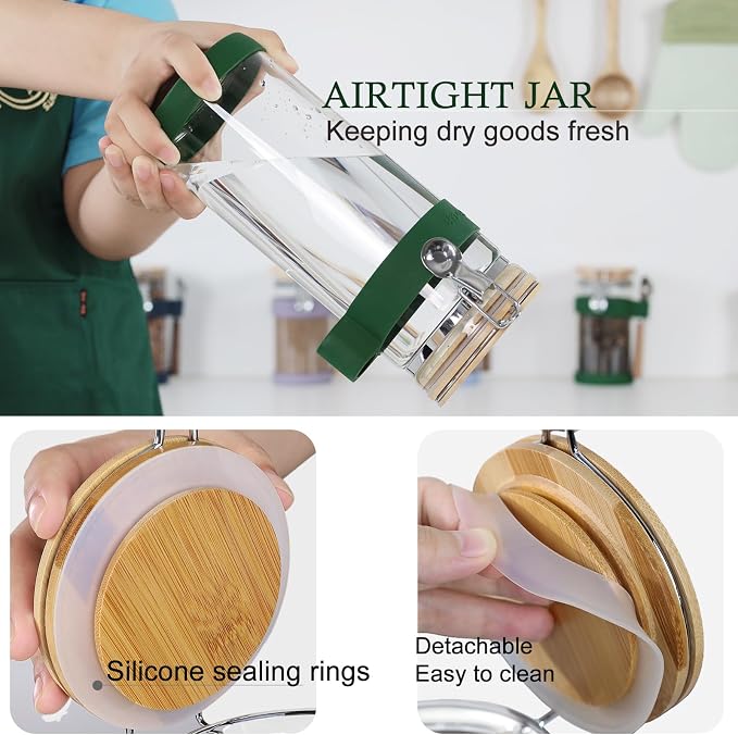 KKC 1.2L Airtight Glass Food Storage Jar with Bamboo Lid & Spoon - Clear Kitchen Canister for Nuts, Seeds & Snacks - Keeps Food Fresh & Crispy, Pantry Organization & Countertop Decor