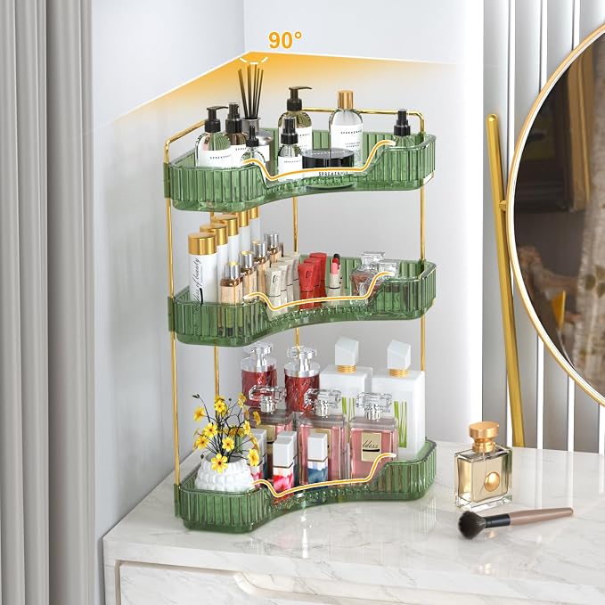 GTI 3-Tier Corner Bathroom Counter Organizer, Large Capacity Makeup Organizer Countertop, Perfume Cosmetics Skincare Vanity Organizers, Exquisite Countertop Storage for Women (Green)