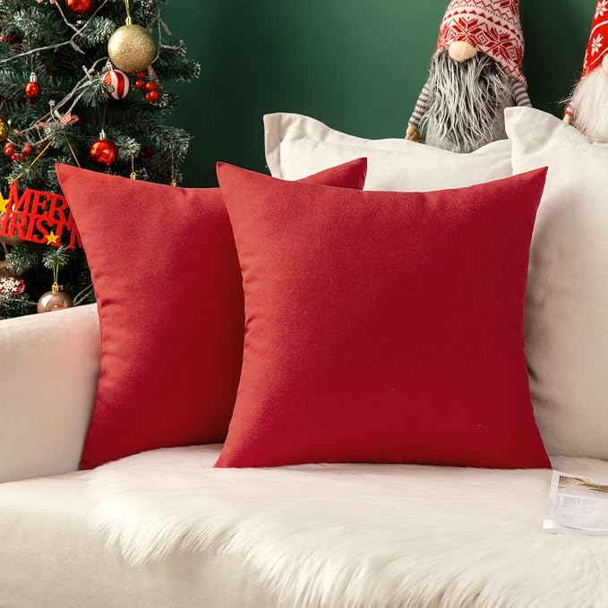 MIULEE Pack of 2 Decorative Outdoor Solid Waterproof Throw Pillow Covers Euro Sham Faux Linen Garden Farmhouse Cushion Cases for Summer Patio Tent Balcony Couch Sofa 22x22 Inch Red