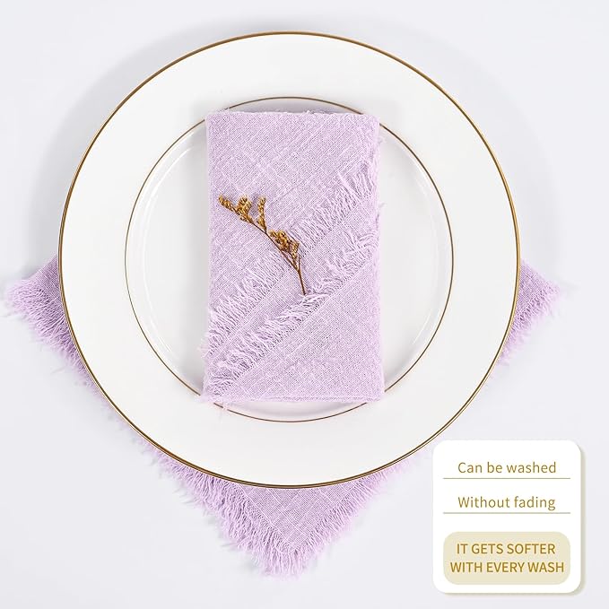 36 Pack Lavender Napkins Cotton Linen Napkin 16 x 16 Inch Light Purple Cloth Napkins Handmade with Fringe Soft Washable Rustic Dinner Napkin Cloth for Wedding Party Dinner Table