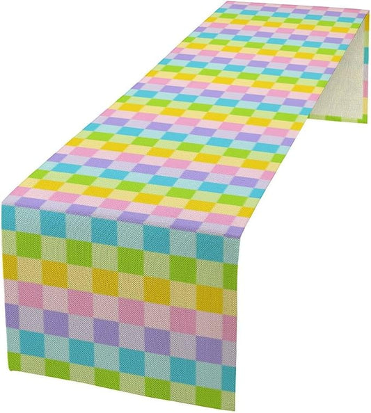 Boho Hippie Table Runner Rainbow Geometric Square Table Runner Retro Country Dinner Runner for Living Room Kitchen Party Holiday Dinner Home Decor Yellow Pink Blue 13x60in