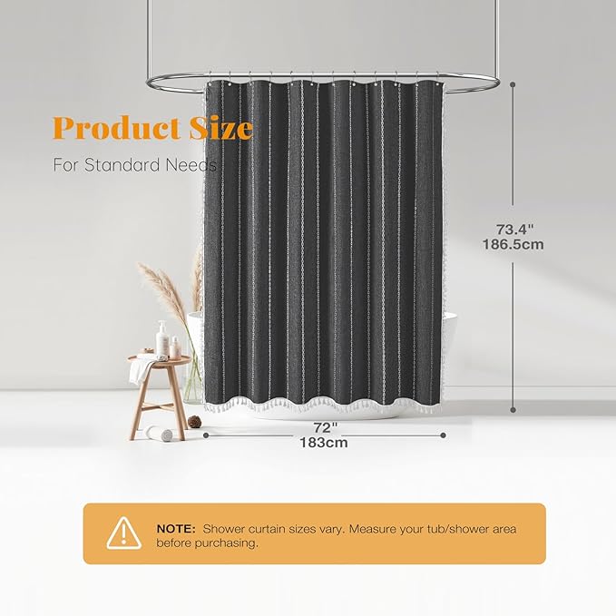 BTTN Boho Farmhouse Shower Curtain - Linen blend Rustic Striped Fabric Shower Curtain Set with Tassel, Water Repellent, Bohemian Vintage Country Cloth Shower Curtain for Bathroom, Charcoal Grey, 72x72