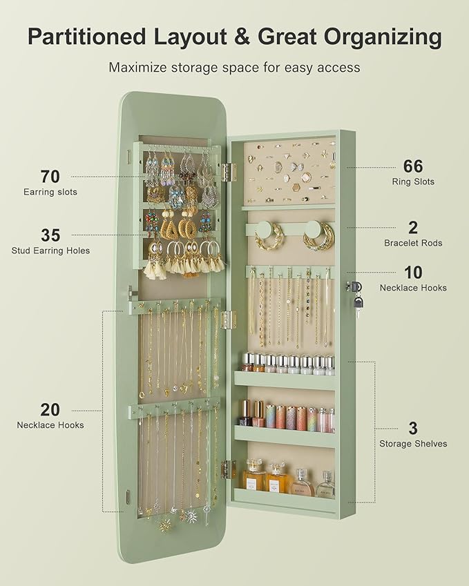 Nicetree Mirror Jewelry Cabinet, Rounded Jewelry Armoire Organizer, Wall or Door Mounted Jewelry Organizer with Storage, Lockable Wide Mirror with Jewelry Storage, Green
