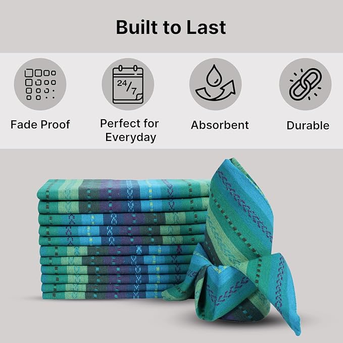 LFH Home Cotton Rich Cloth Salsa Napkin Set of 6 Washable Soft Durable Striped Table Napkins for Dining Wedding, Daily Use Reusable Eco-Friendly Napkins for Elegant Table Settings(18x18)-Teal