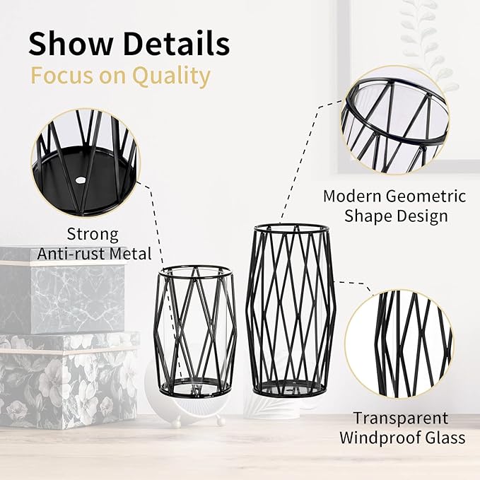 Nuptio Black Pillar Candle Holders - Glass Candles Holder with Geometric Metal Rack Stand for Wedding Birthday Party Centerpieces - Flower Vase Small Hurricane Vases for Office Living Room