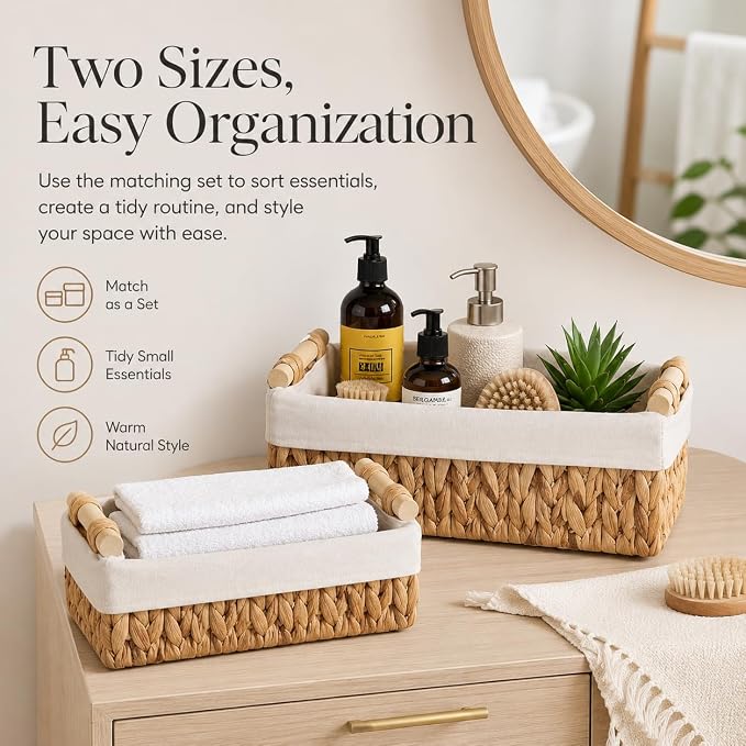 Water Hyacinth Bathroom Baskets for Shelves Set of 2 with Linen Liner & Wooden Handles – Wicker Bathroom Counter Organizer for Vanity, Towels & Toiletries