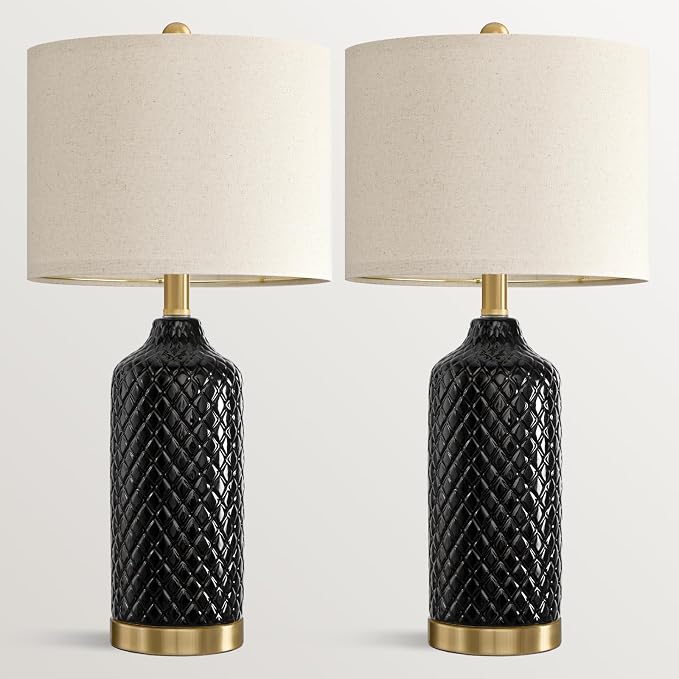 24.25" Ceramic Table Lamps for Living Room Bedroom Modern Lamps Set of 2, Modern Black Living Room Lamp, Boho Bedside Lamp for night stands, nightstand lamp, end side table lamp for Home Décor Office