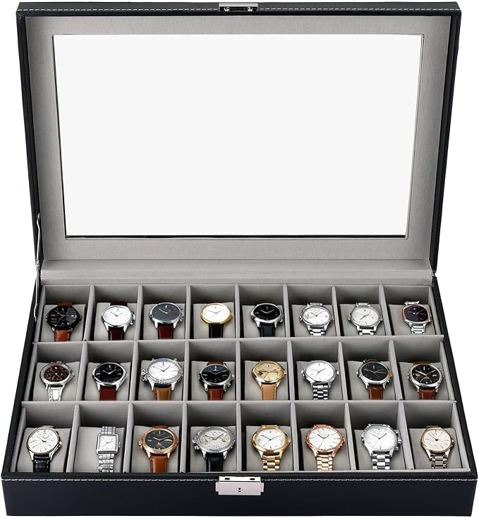 MYFULLY 24 Slot Watch Box, Lockable Watch Storage Organizer with Removable Pillows for Men and Women, Portable Watch Display Case with Gray Lining for Travel, Collection and Jewelry Storage