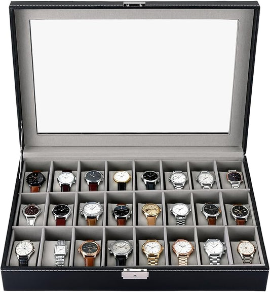 MYFULLY 24 Slot Watch Box, Lockable Watch Storage Organizer with Removable Pillows for Men and Women, Portable Watch Display Case with Gray Lining for Travel, Collection and Jewelry Storage