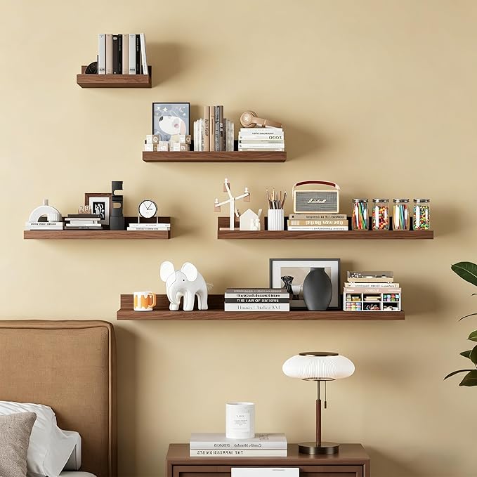 Yongscess Floating Shelves for Wall Set of 5, Floating Shelves Bathroom,30 in Natural Wood Book Shelf for Wall Mounted,Home Decor Display Shelf,Storage Shelves for Living Room,Bedroom,Kitchen(Walnut)